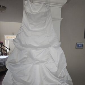 David's Bridal White Asymmetrical Ruched Halter Gown